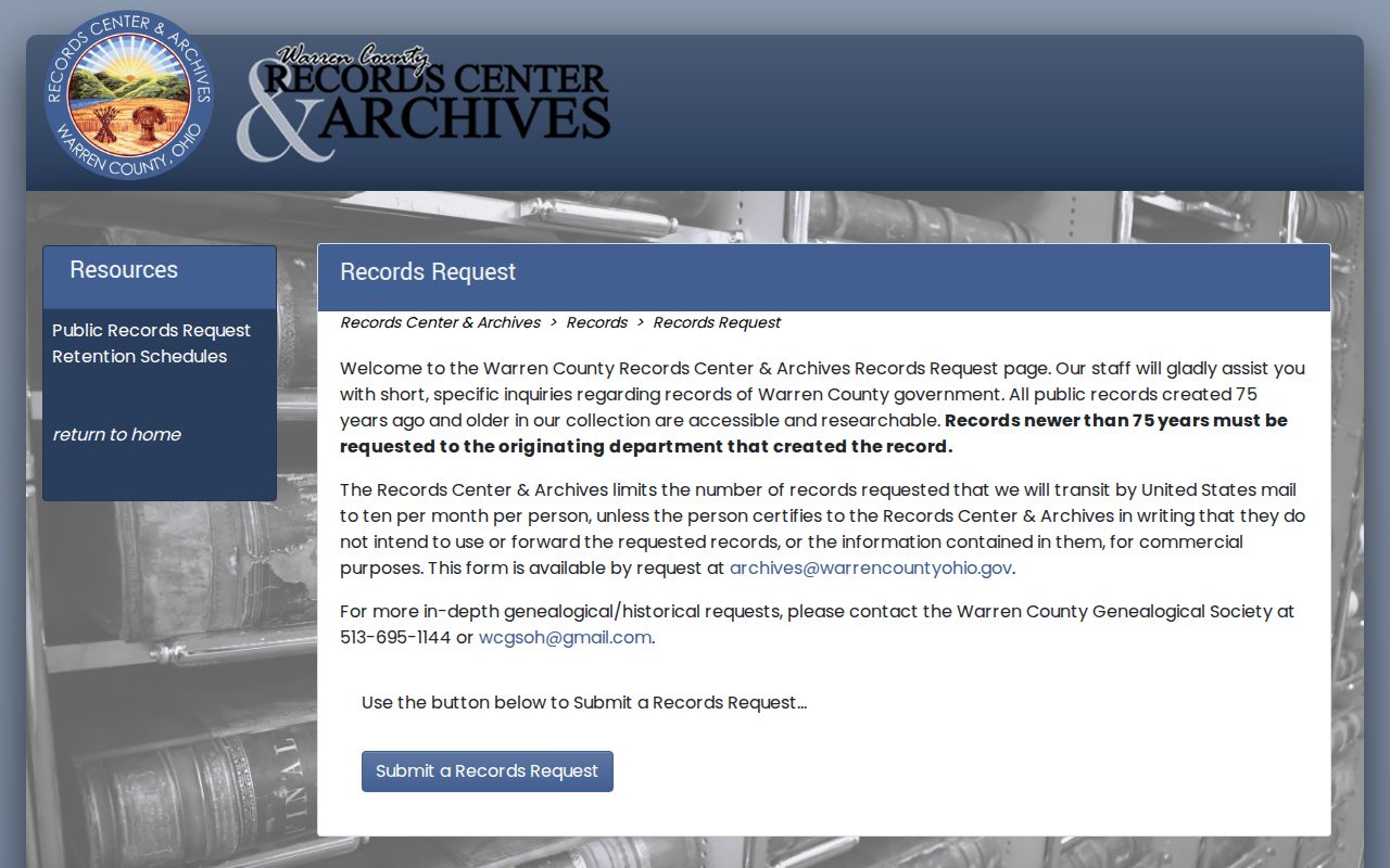 Warren County archival booking record request route