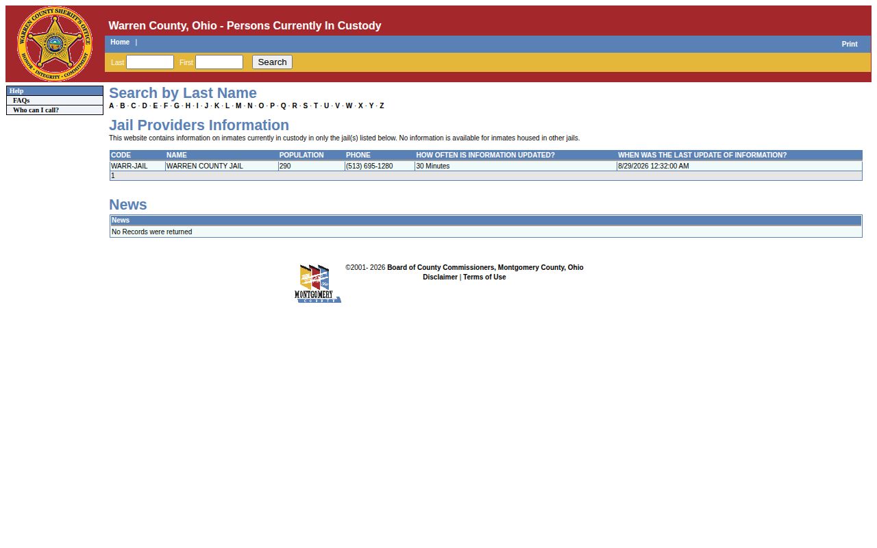 Warren County current custody roster and booking lookup search
