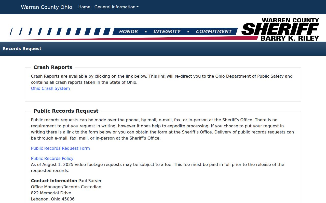 Warren County official booking record and responsive photo request form