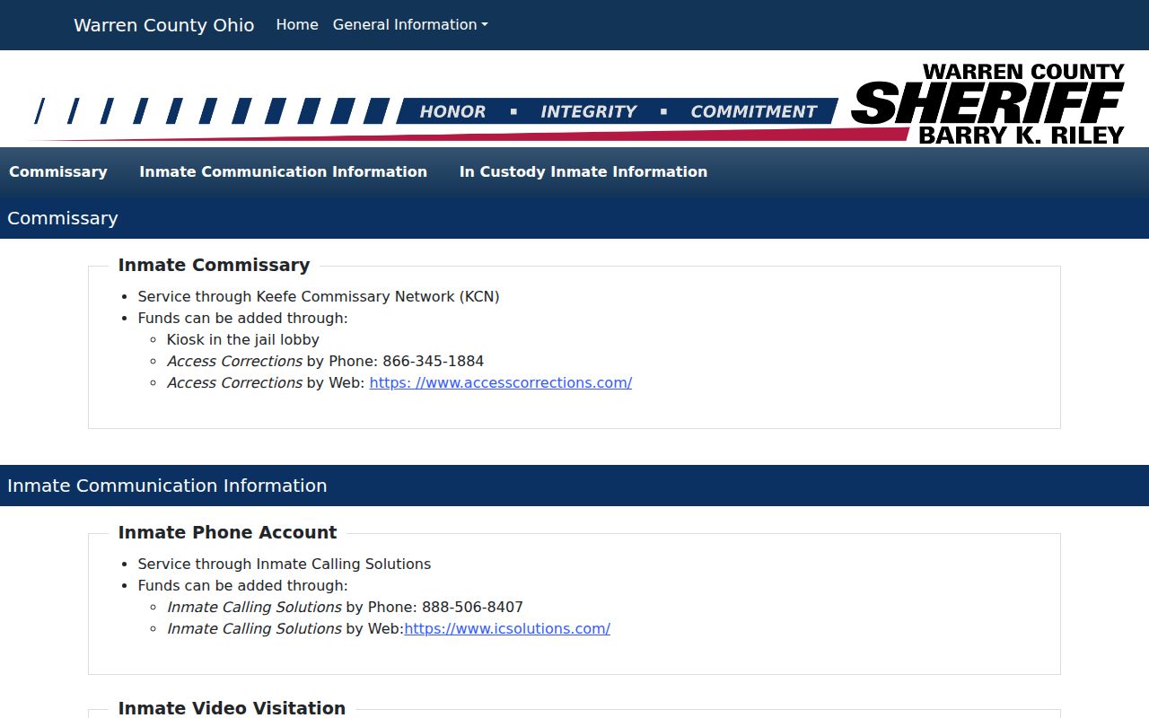 Warren County Jail information and booking record access page